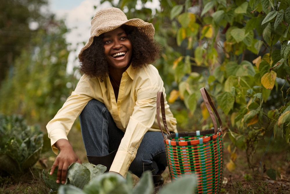 Femme noire accroupie avec son panier dans son jardin cueillant un chou.