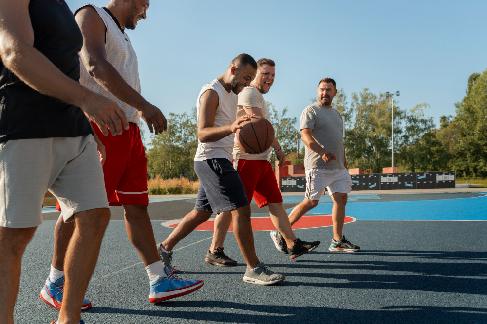 Groupe d'amis hommes faisant du basket.